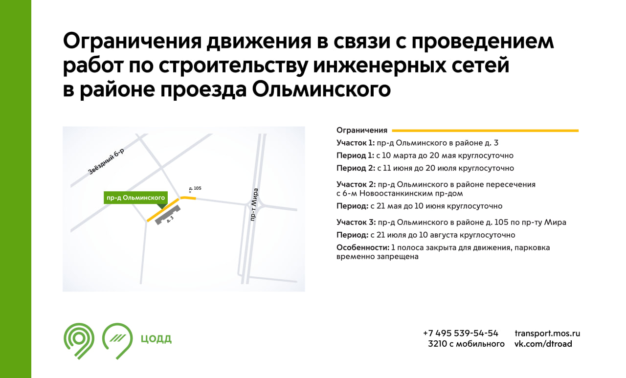 С 10 марта по 10 августа будет недоступна 1 полоса для движения на участках  проезда Ольминского (в зависимости от даты) - Единый Транспортный Портал