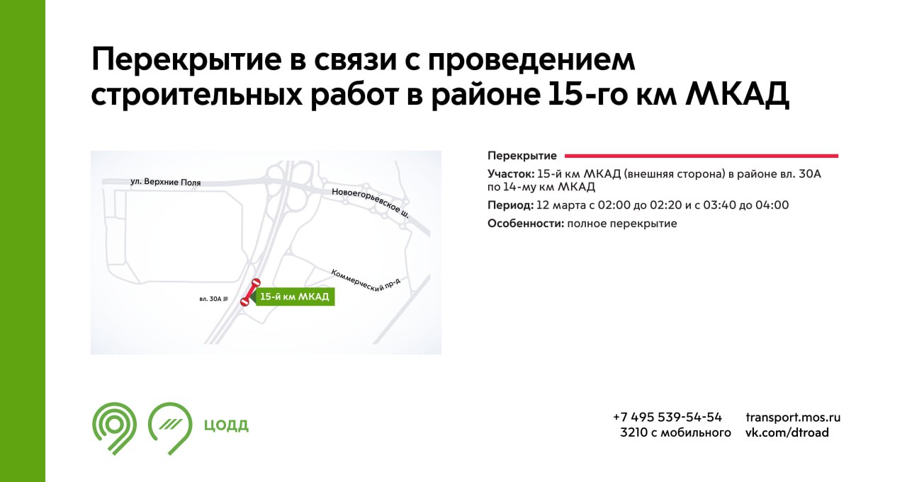 Перекрытие в связи с проведением строительных работ в районе 15-го км МКАД  - Единый Транспортный Портал