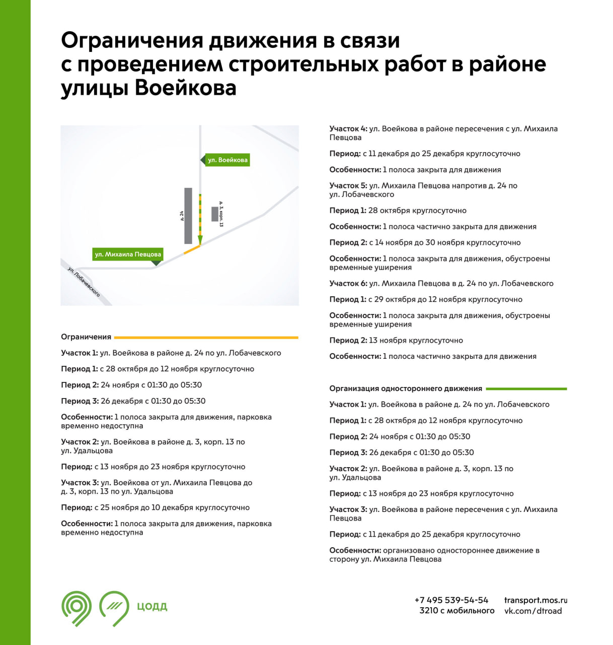 С 28 октября до 25 декабря на участках улиц Воейкова и Михаила Певцова  будет недоступна для движения 1 полоса в зависимости от даты и времени -  Единый Транспортный Портал