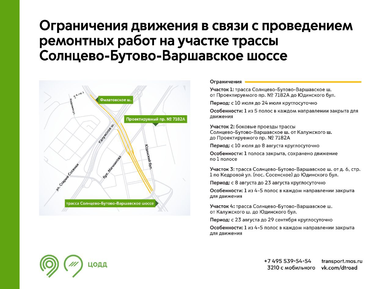 Ограничения движения в связи с проведением ремонтных работ на участке  трассы Солнцево-Бутово-Варшавское шоссе - Единый Транспортный Портал